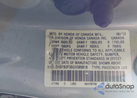 2012 Honda Civic Lx из США, поврежденный, VIN 2HGFB2F56CH589818